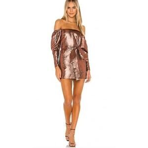MICHAEL COSTELLO revolve hadley long sleeve off shoulder mini dress bronze M
